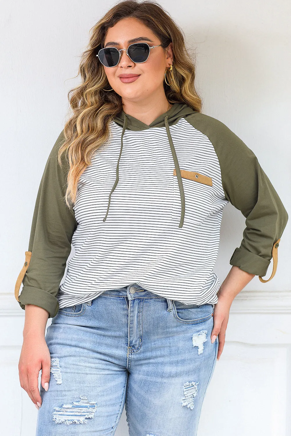 Striped Raglan Sleeve Plus Size Hoodie