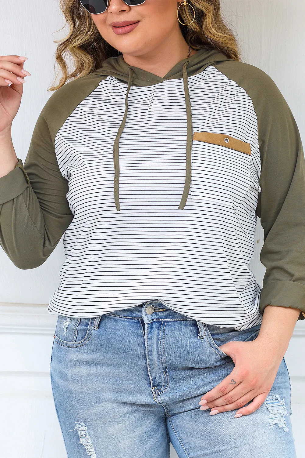 Striped Raglan Sleeve Plus Size Hoodie