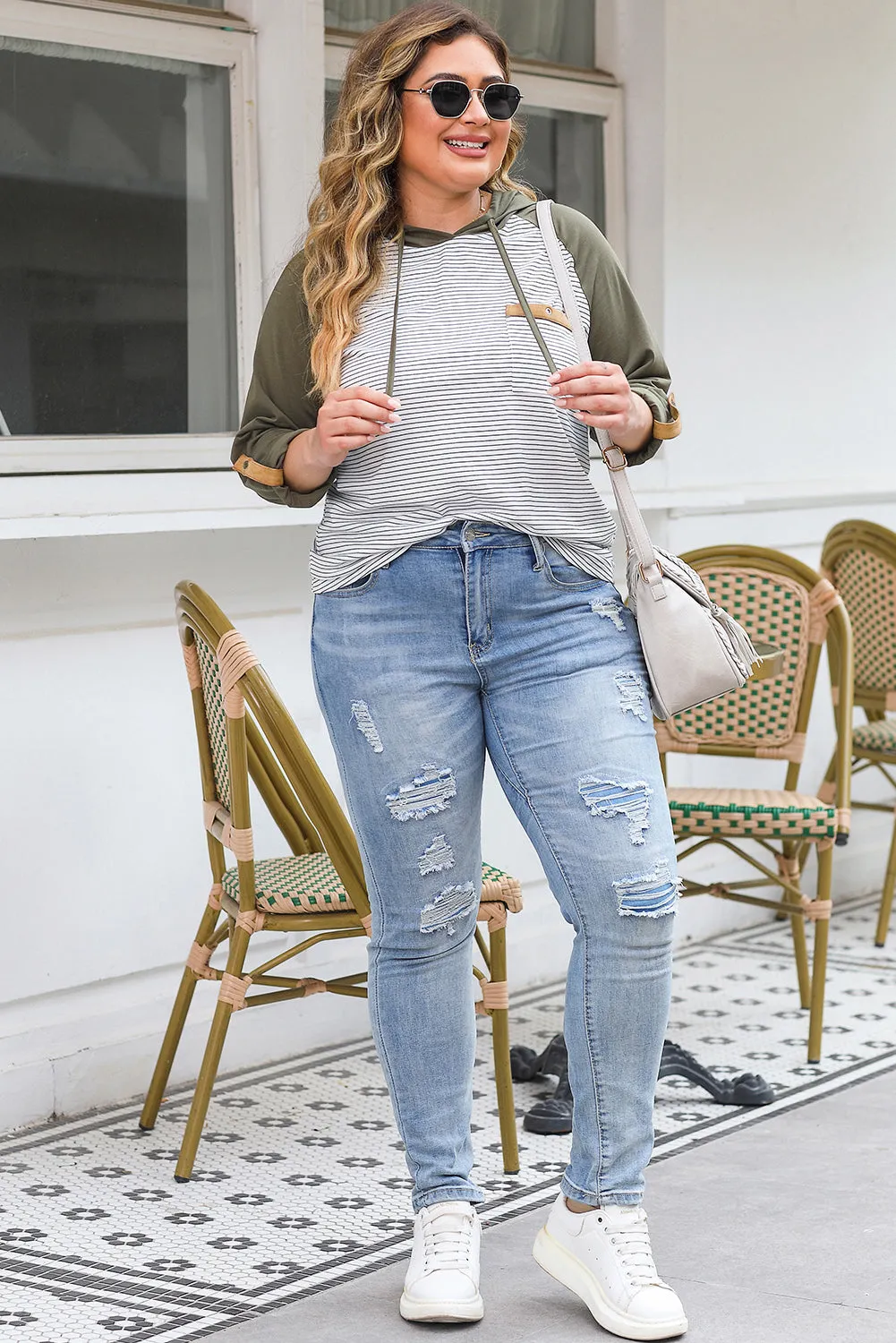 Striped Raglan Sleeve Plus Size Hoodie