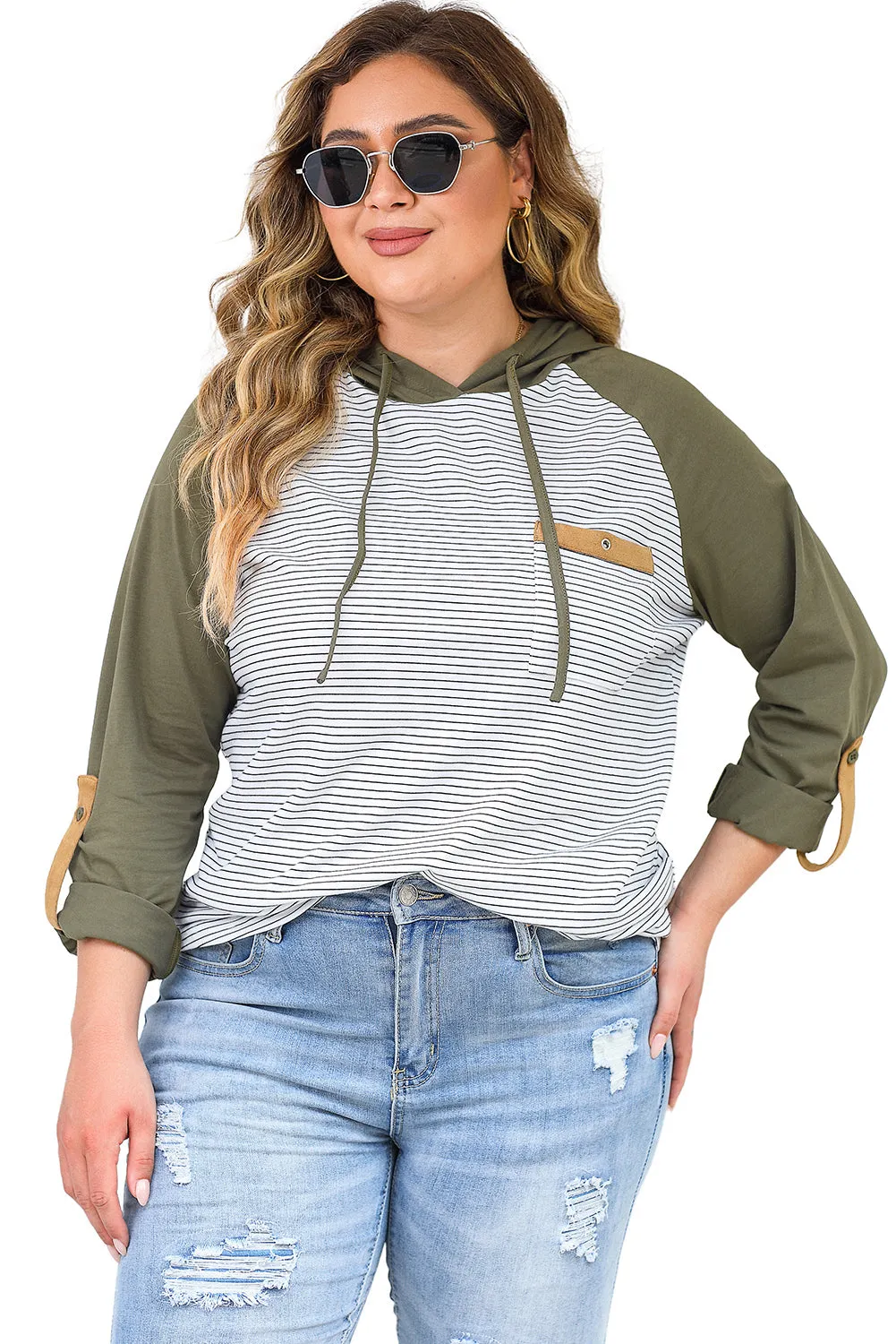 Striped Raglan Sleeve Plus Size Hoodie