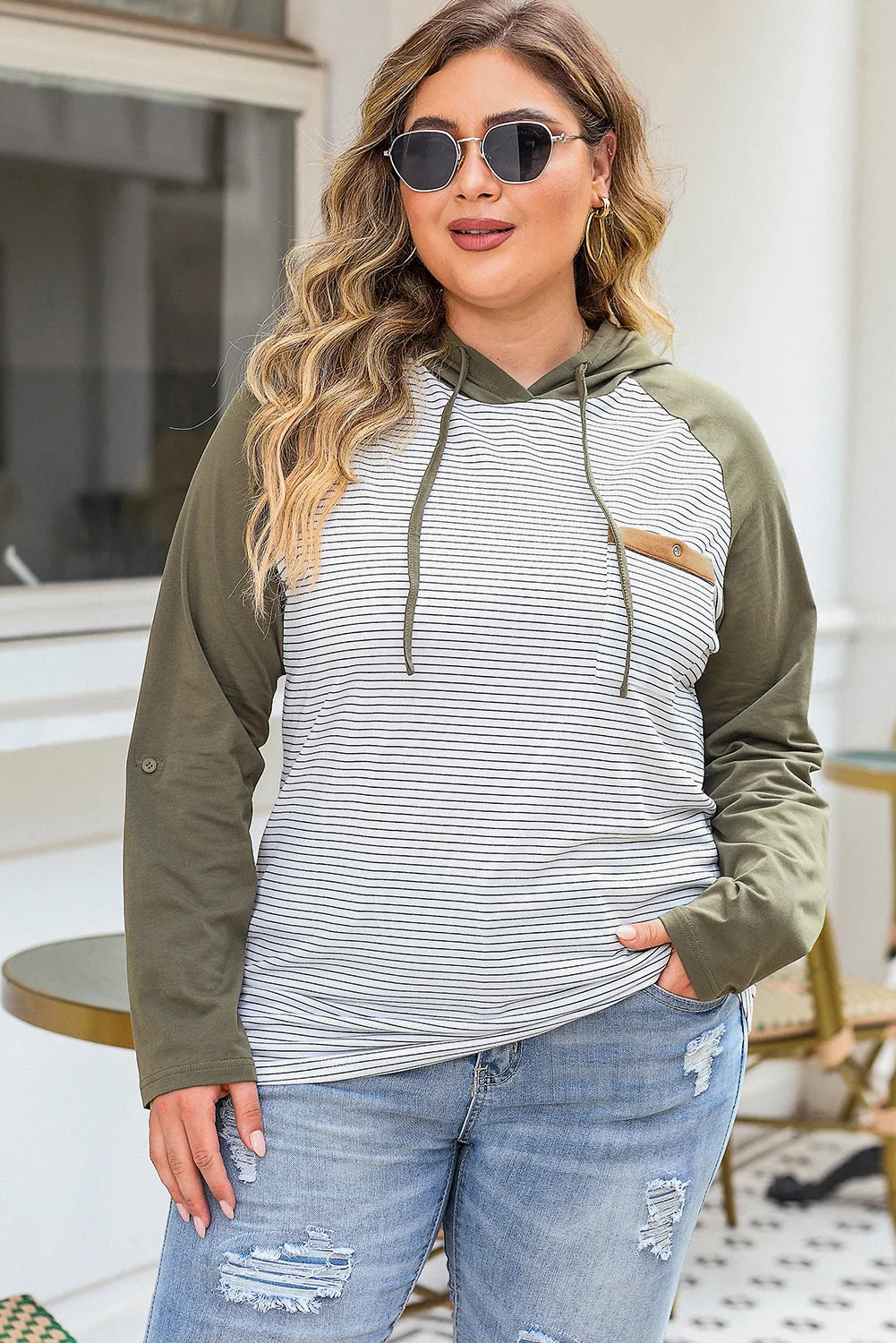 Striped Raglan Sleeve Plus Size Hoodie