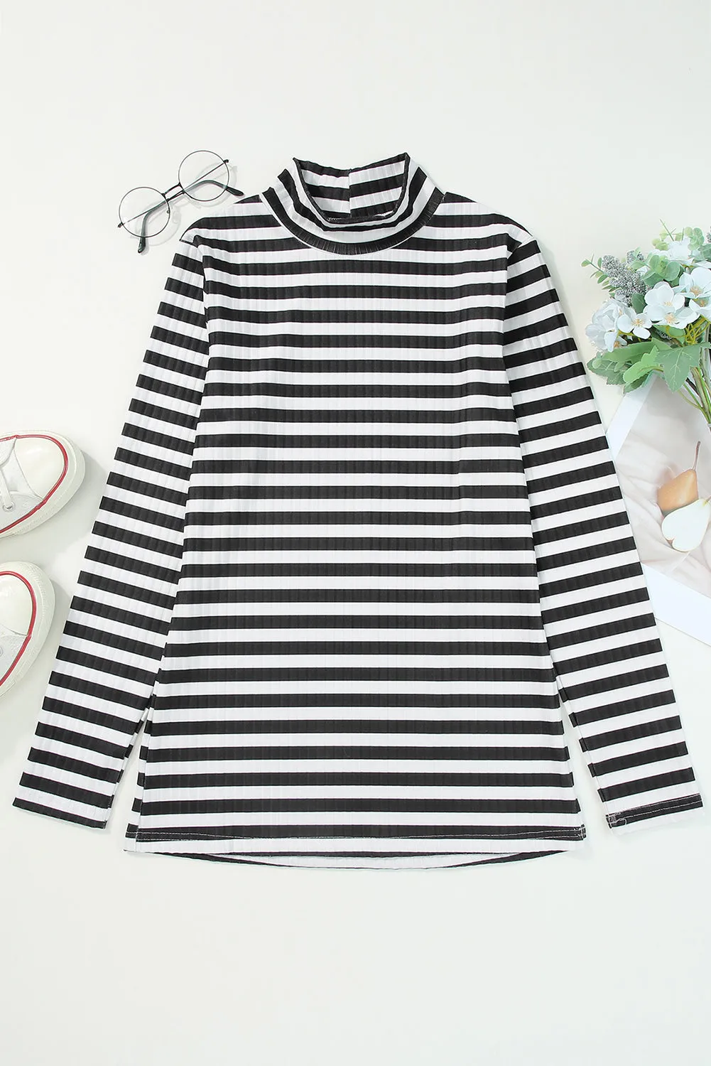 Striped Textured Knit Long Sleeve Tee