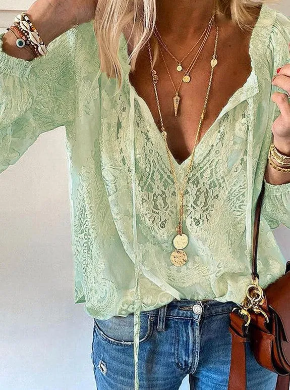 Stunncal Printed Solid Color Lace Shirt