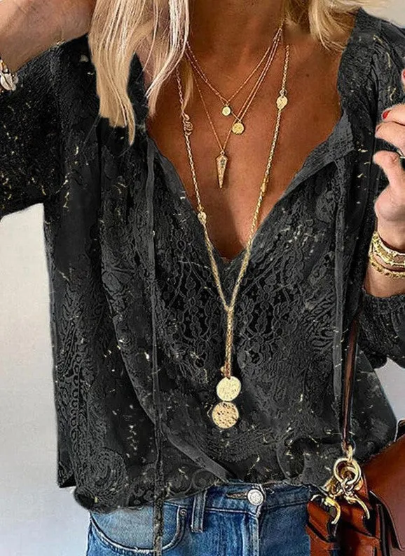 Stunncal Printed Solid Color Lace Shirt