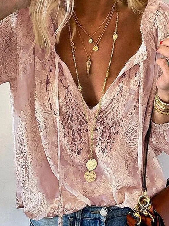 Stunncal Printed Solid Color Lace Shirt