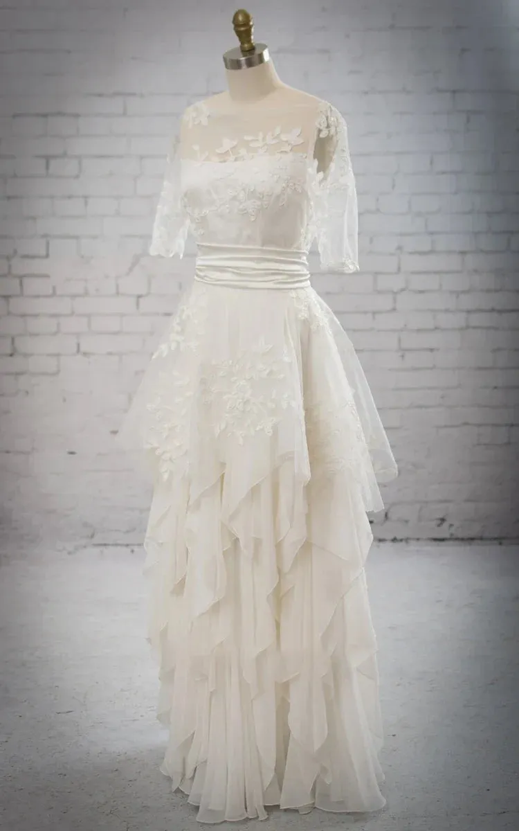 Stunning Illsion Neck Half-sleeved Ruffled Dress With Removable Embriodery Peplum