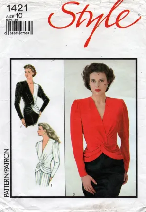 Style 1421 Womens Twist Front Peplum Tops 1980s Vintage Sewing Pattern Size 10 or 12