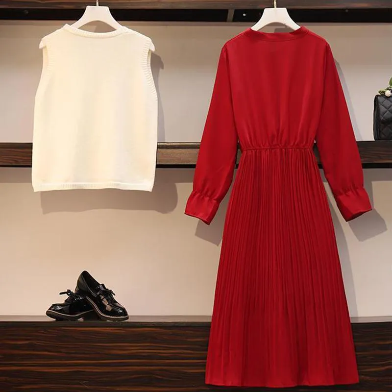Suit Dress Women Autumn and Winter 2021 Slim Long-sleeved Pleated Mid-length Shirt Dress