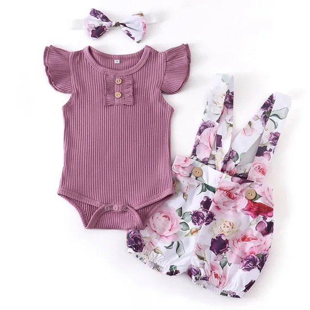 Summer Baby Girl Clothes Set Fashion Solid Romper Tops Flower Shorts Overalls Headband for Newborn Infant Clothing Outfit