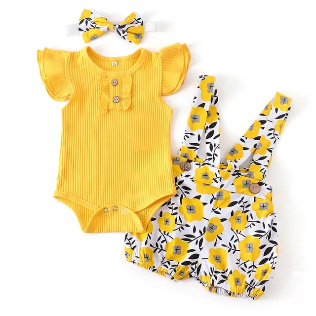 Summer Baby Girl Clothes Set Fashion Solid Romper Tops Flower Shorts Overalls Headband for Newborn Infant Clothing Outfit