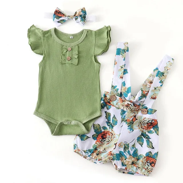 Summer Baby Girl Clothes Set Fashion Solid Romper Tops Flower Shorts Overalls Headband for Newborn Infant Clothing Outfit
