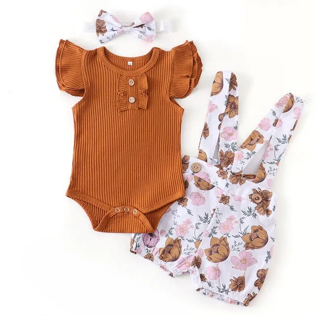 Summer Baby Girl Clothes Set Fashion Solid Romper Tops Flower Shorts Overalls Headband for Newborn Infant Clothing Outfit