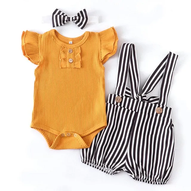 Summer Baby Girl Clothes Set Fashion Solid Romper Tops Flower Shorts Overalls Headband for Newborn Infant Clothing Outfit