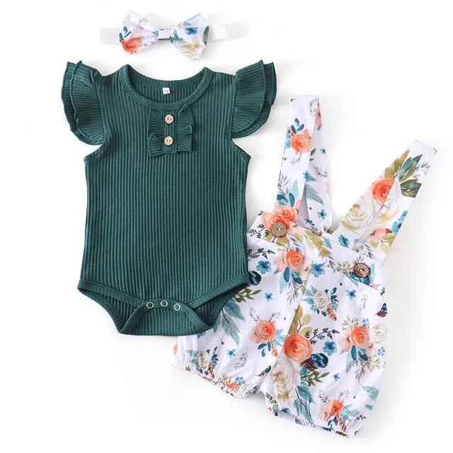 Summer Baby Girl Clothes Set Fashion Solid Romper Tops Flower Shorts Overalls Headband for Newborn Infant Clothing Outfit