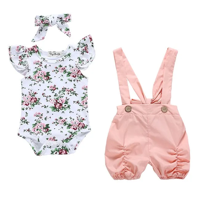 Summer Baby Girl Clothes Set Fashion Solid Romper Tops Flower Shorts Overalls Headband for Newborn Infant Clothing Outfit