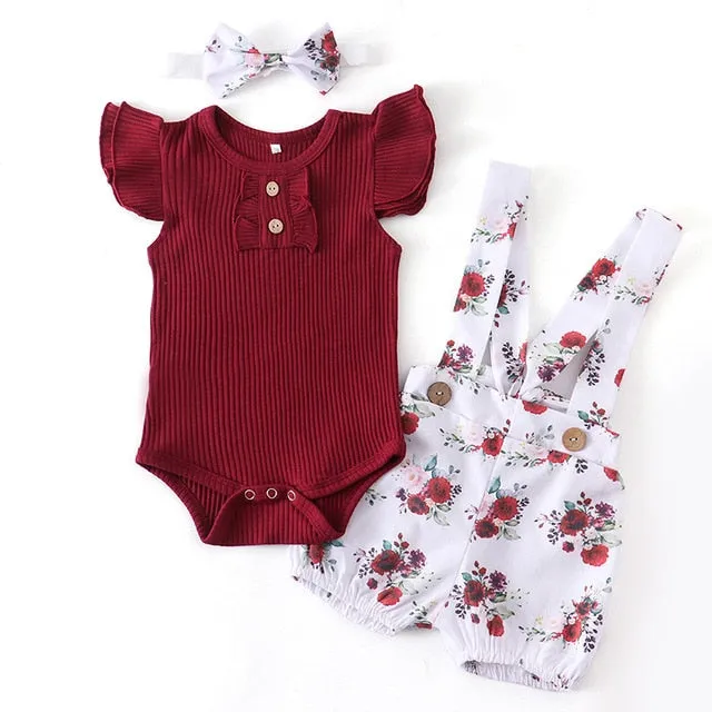 Summer Baby Girl Clothes Set Fashion Solid Romper Tops Flower Shorts Overalls Headband for Newborn Infant Clothing Outfit
