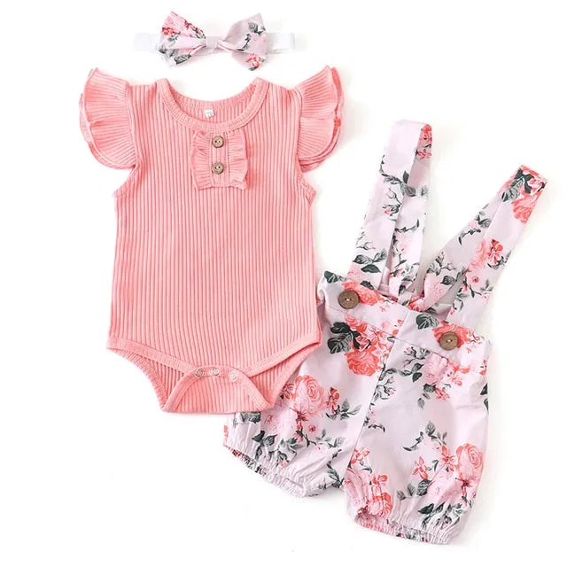 Summer Baby Girl Clothes Set Fashion Solid Romper Tops Flower Shorts Overalls Headband for Newborn Infant Clothing Outfit
