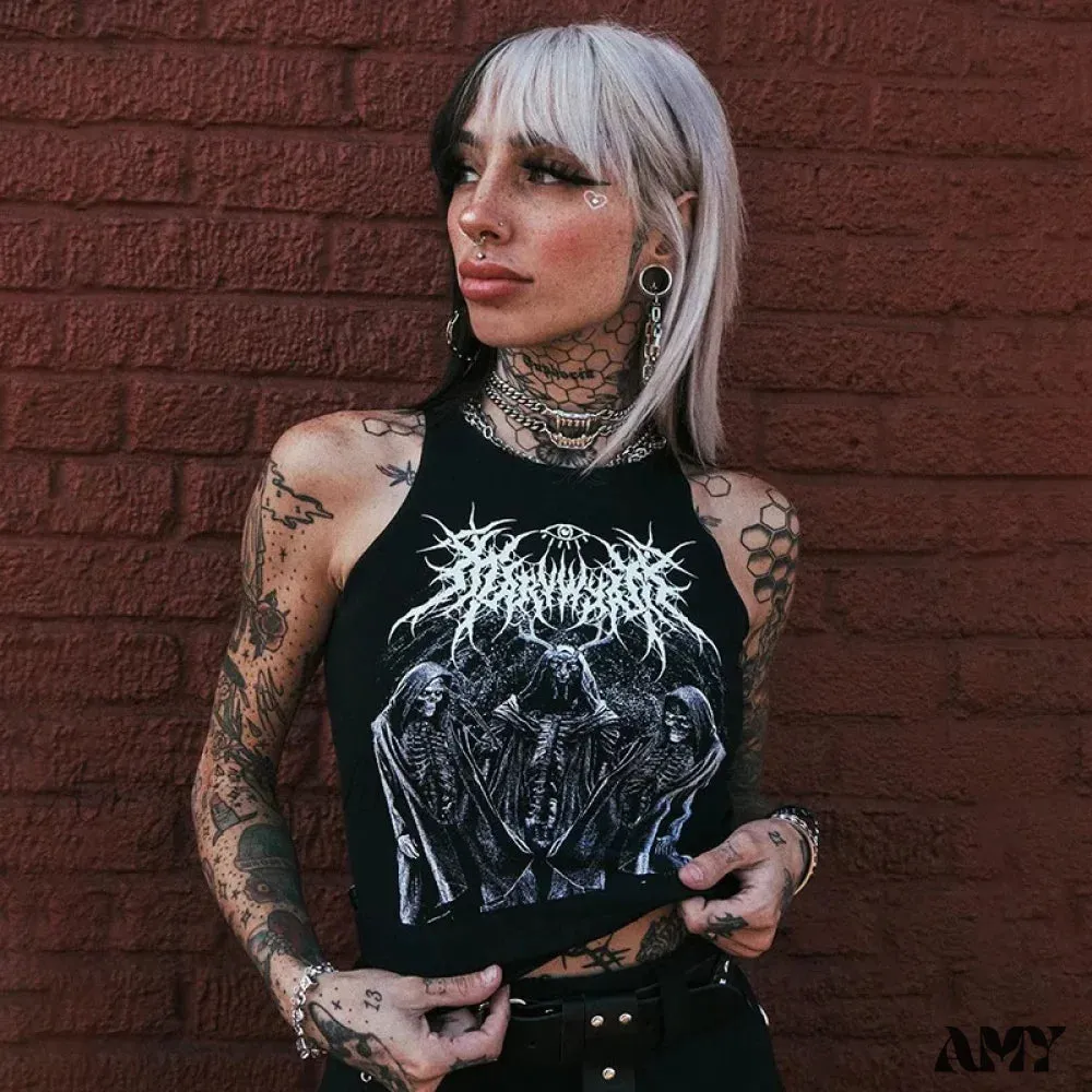 Summer Black Bodycon Sexy Punk Harajuku Print Sleeveless O-neck Crop Top
