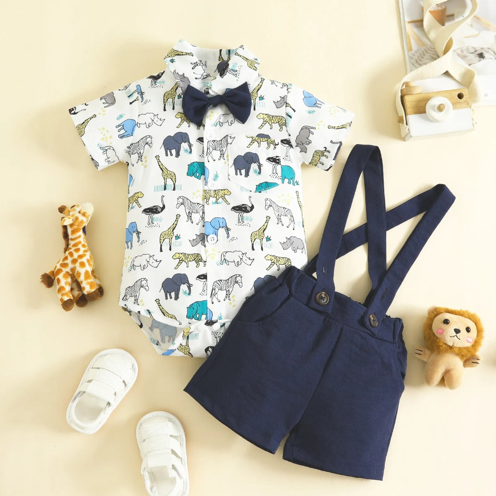 Summer gentleman style boy short-sleeved shorts lapel bow tie short-sleeved romper overalls suit