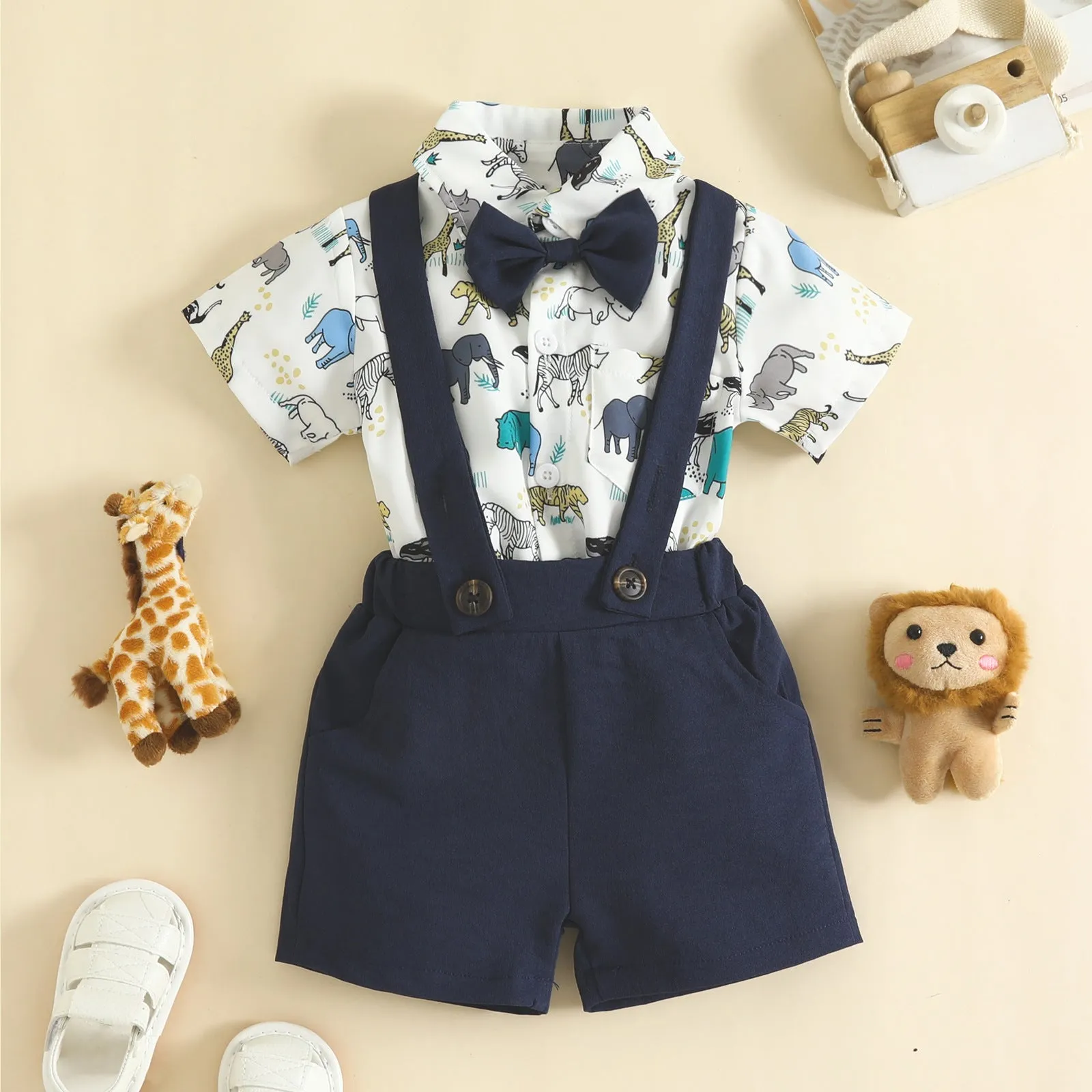 Summer gentleman style boy short-sleeved shorts lapel bow tie short-sleeved romper overalls suit