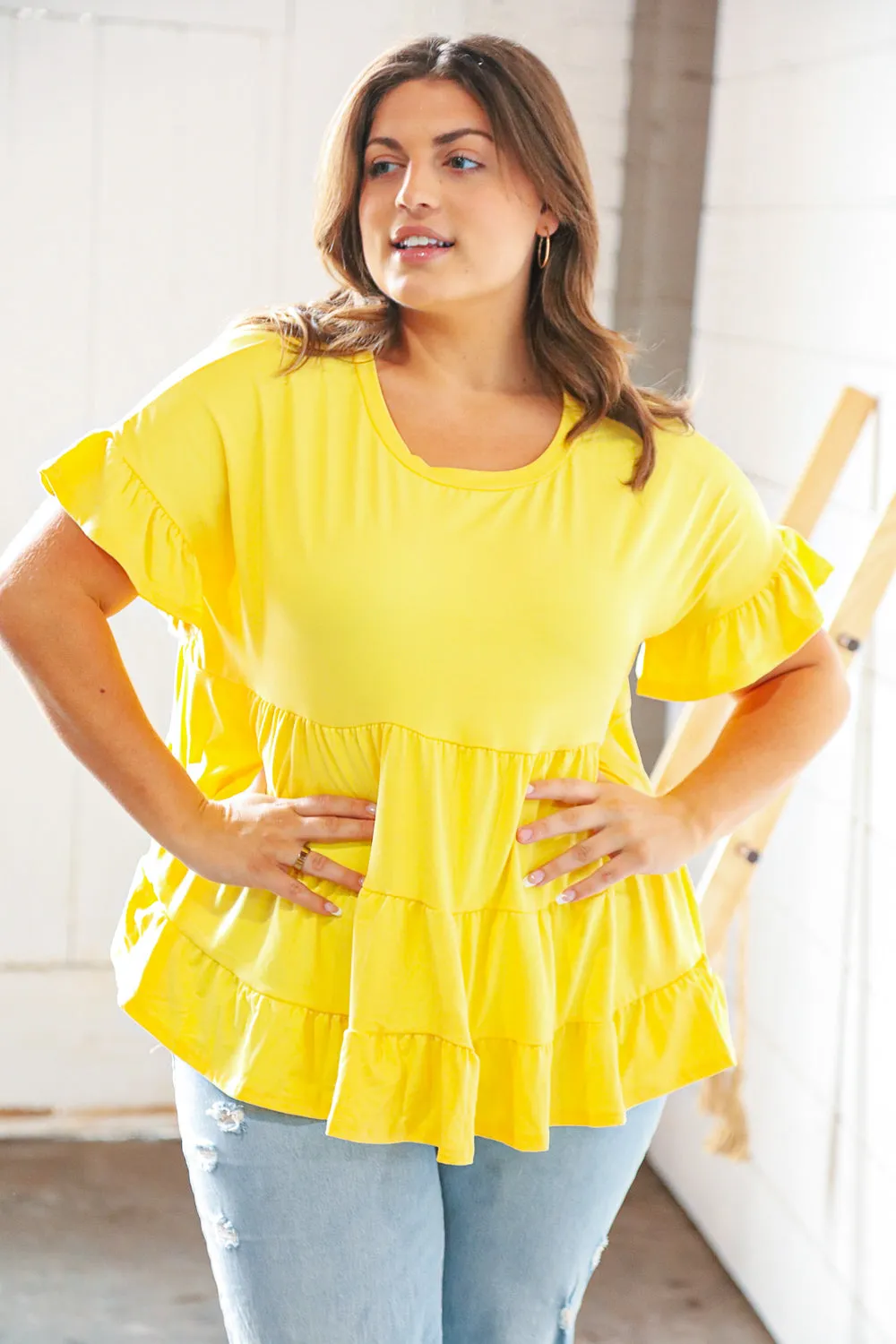 Sunflower Ruffle Frill Short Sleeve Swing Knit Top