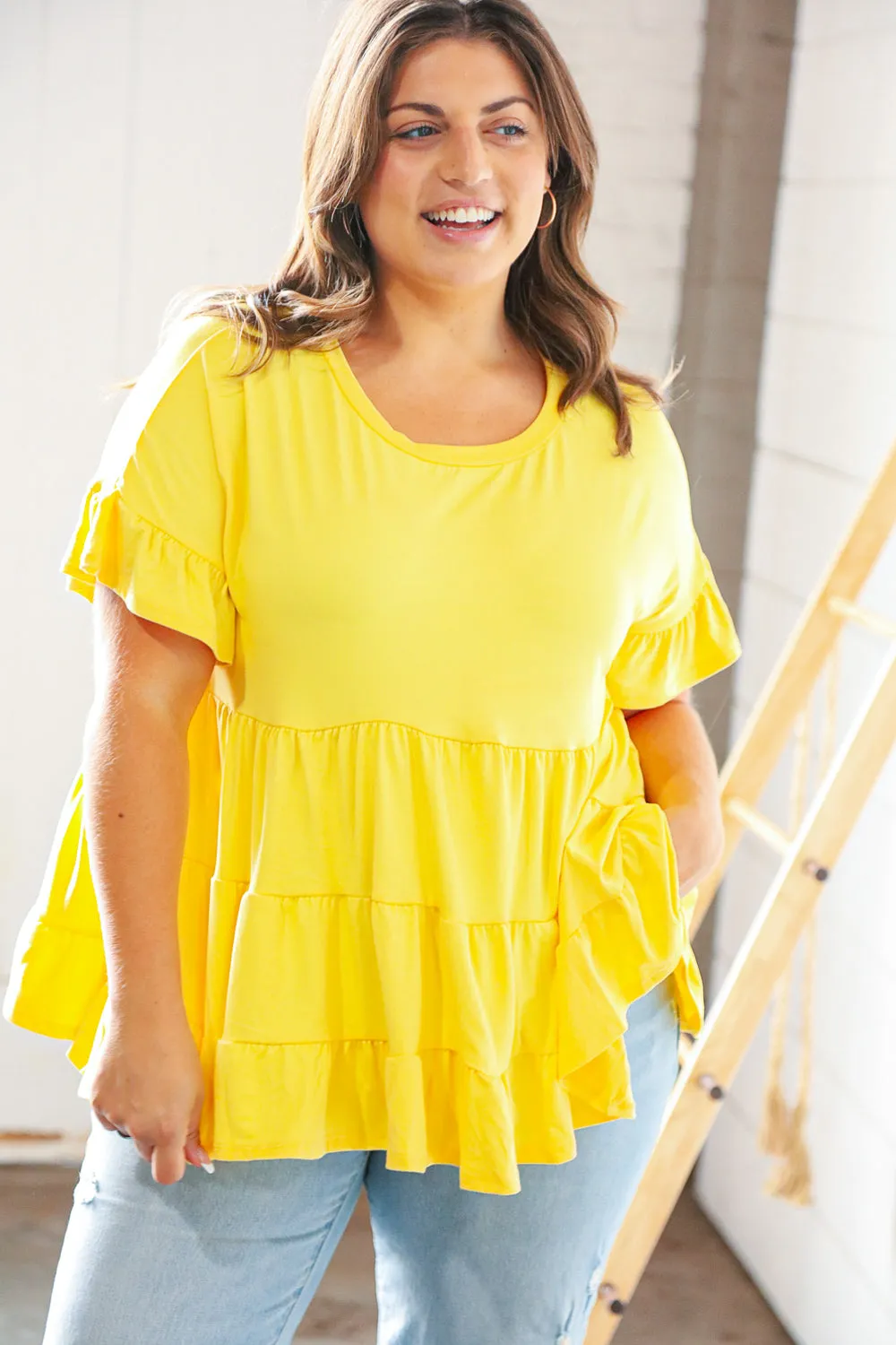 Sunflower Ruffle Frill Short Sleeve Swing Knit Top