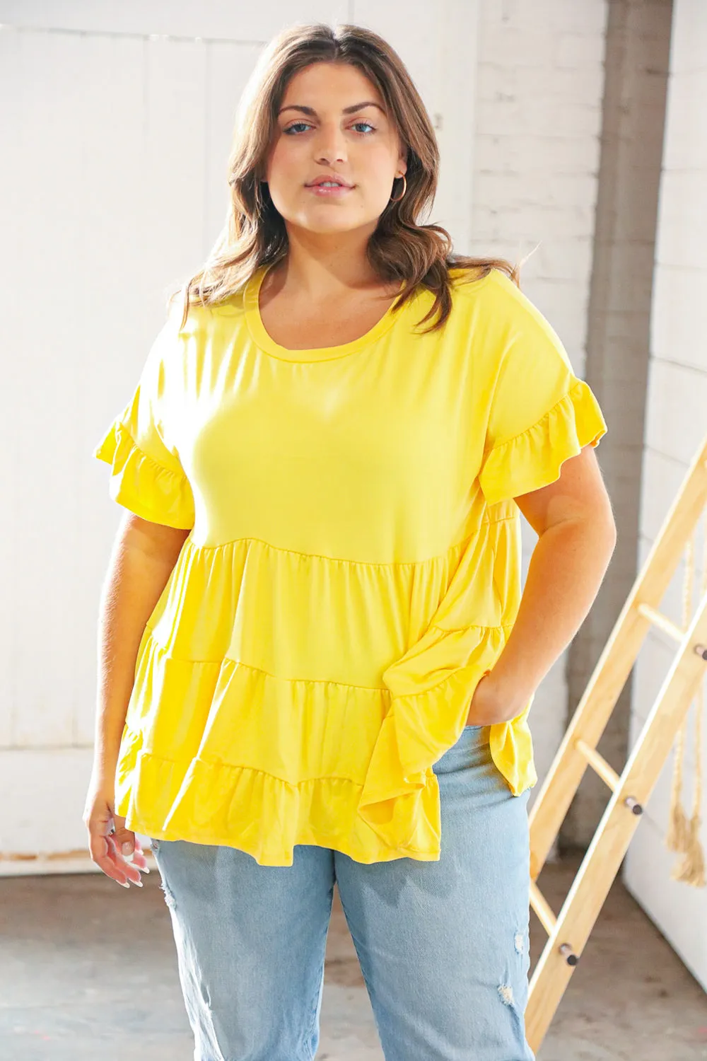 Sunflower Ruffle Frill Short Sleeve Swing Knit Top