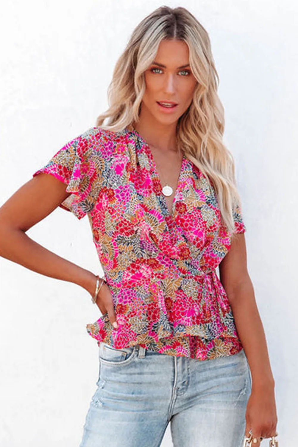 Surplice V Neck Floral Print Flutter Peplum Blouse