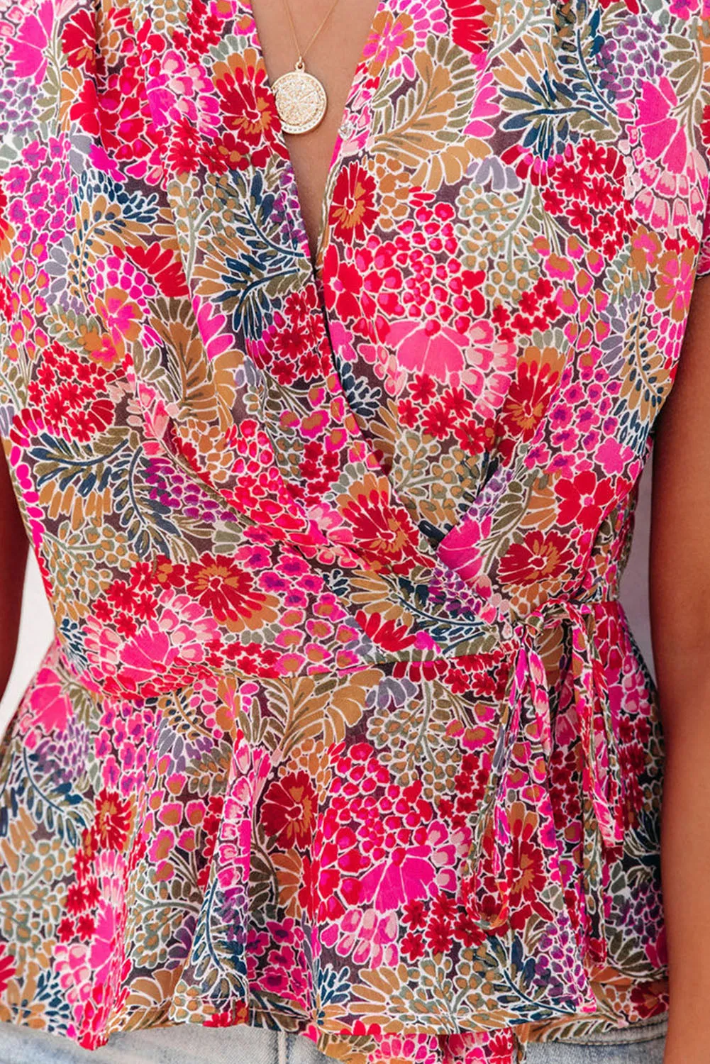 Surplice V Neck Floral Print Flutter Peplum Blouse