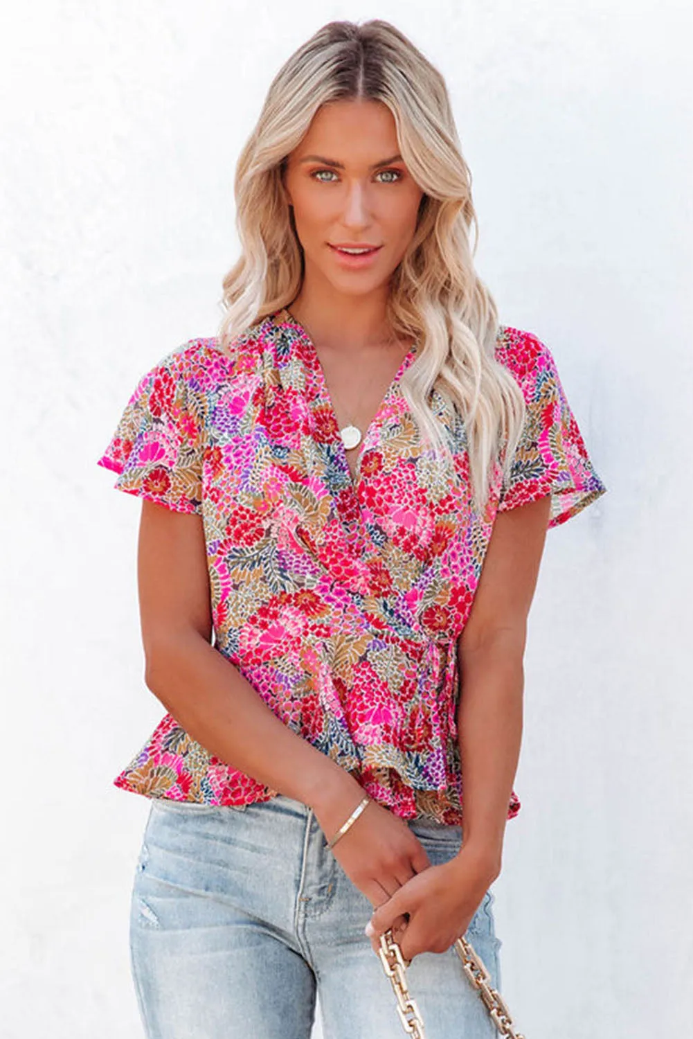 Surplice V Neck Floral Print Flutter Peplum Blouse