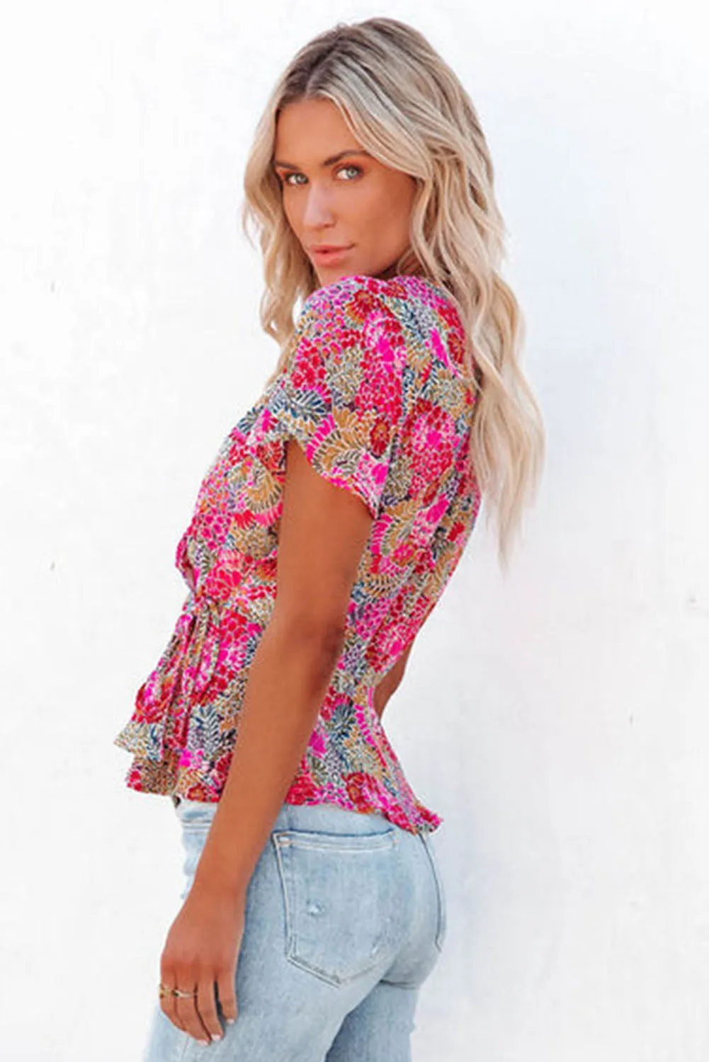 Surplice V Neck Floral Print Flutter Peplum Blouse