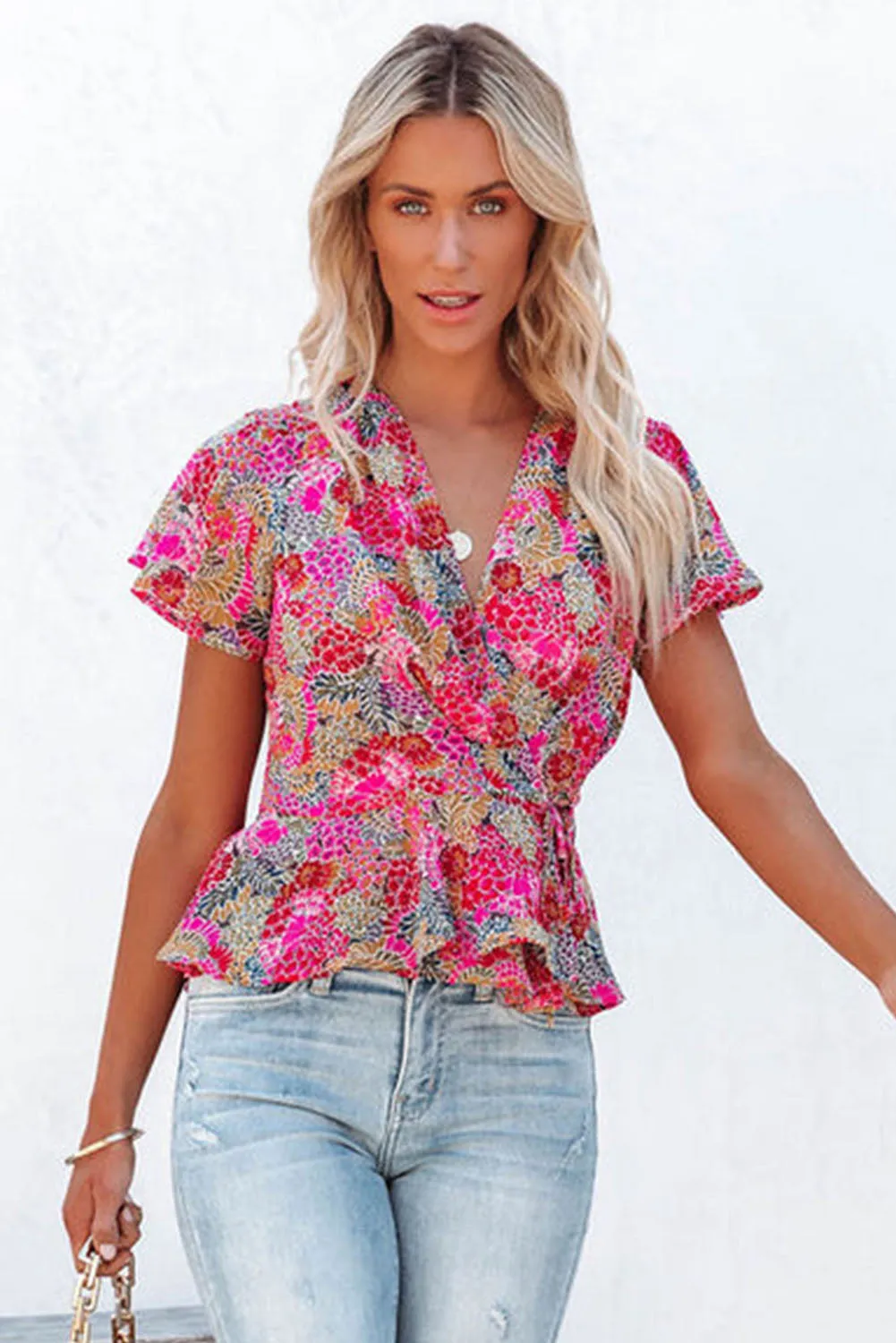Surplice V Neck Floral Print Flutter Peplum Blouse