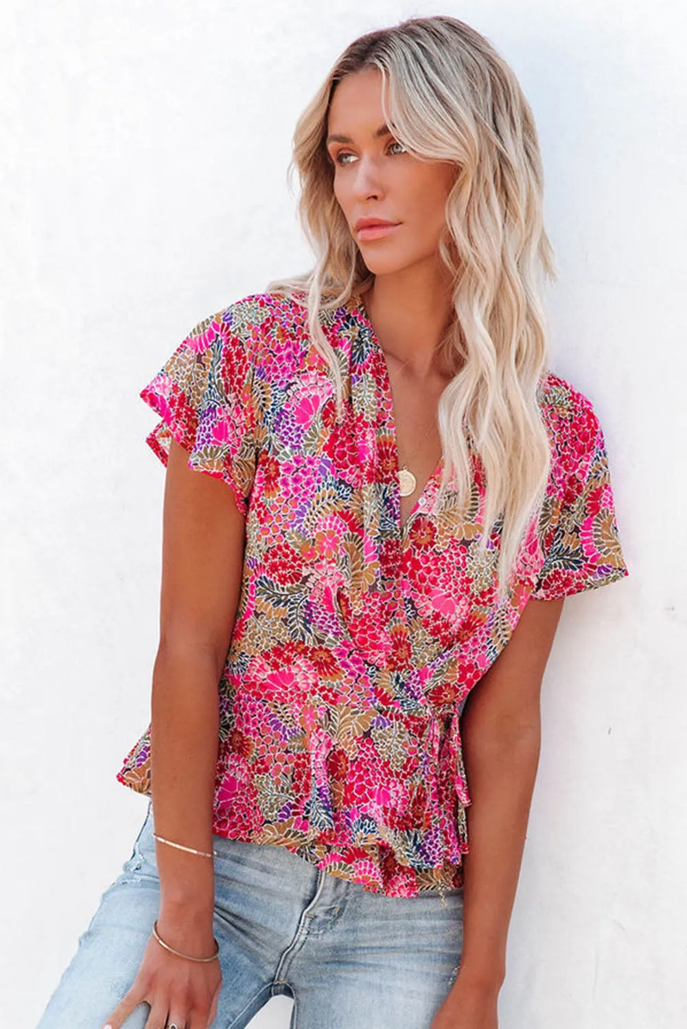 Surplice V Neck Floral Print Flutter Peplum Blouse