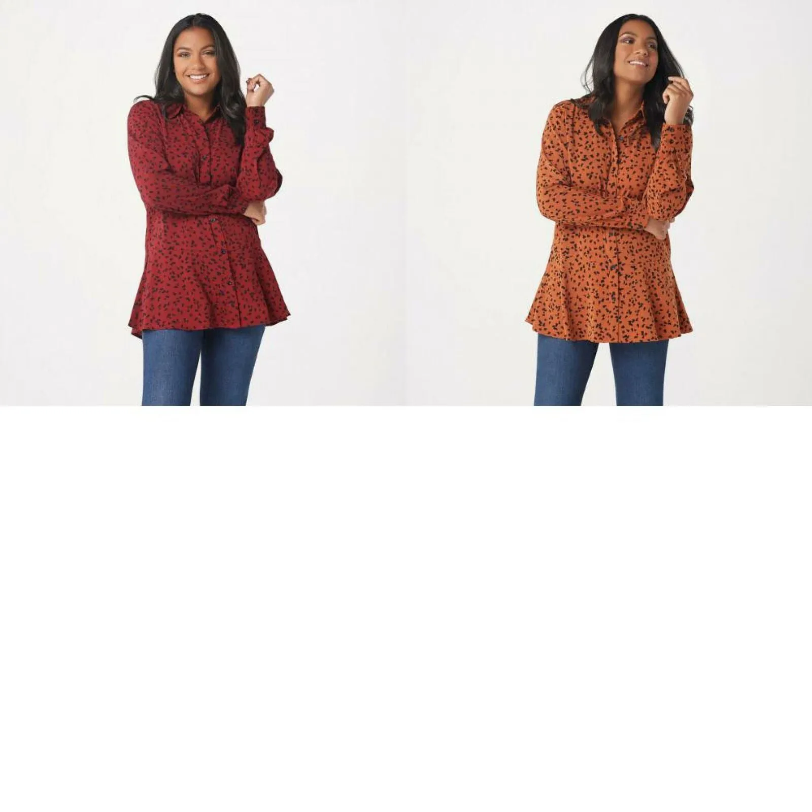 Susan Graver Women's Printed Stretch Peachskin Button Up Peplum Top