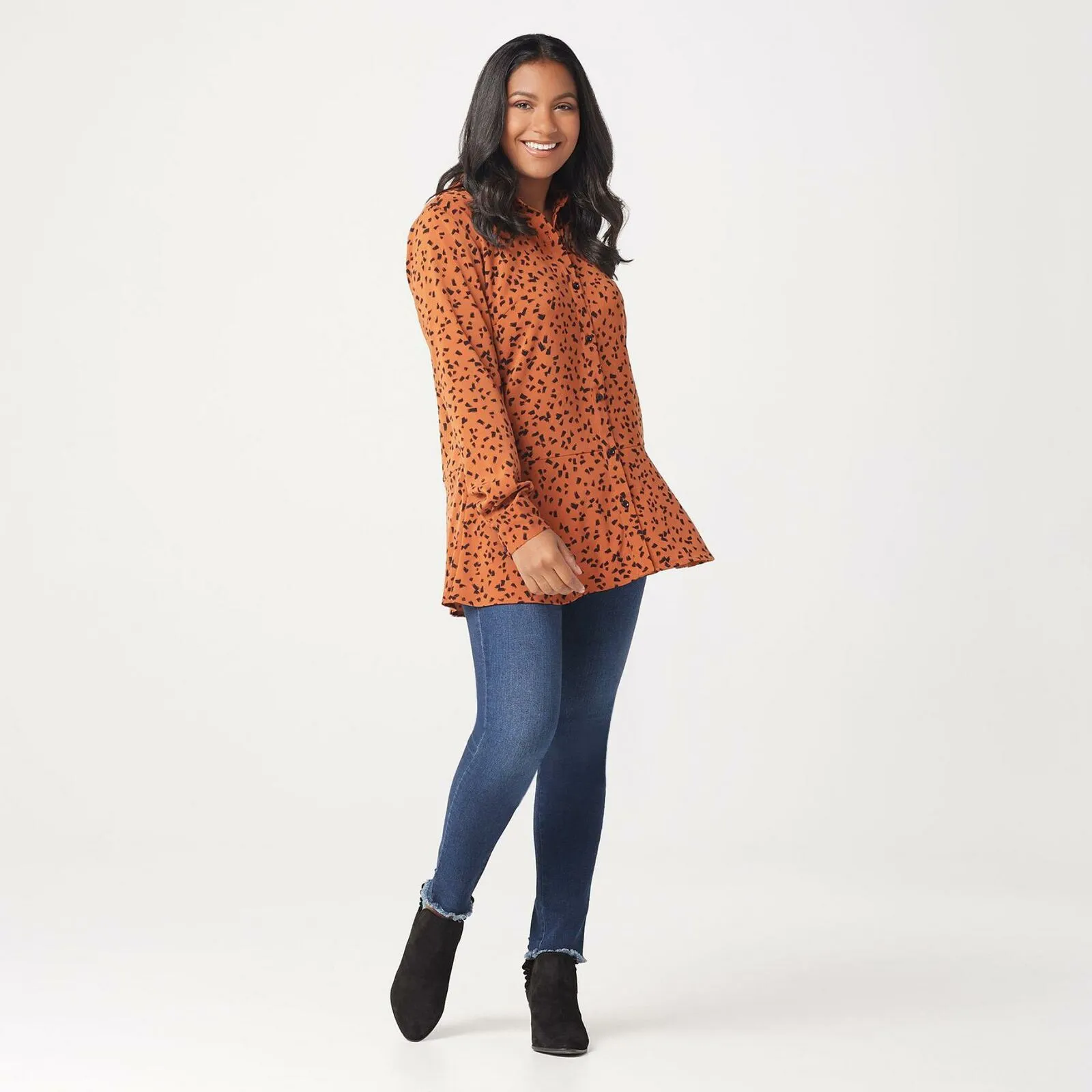 Susan Graver Women's Printed Stretch Peachskin Button Up Peplum Top