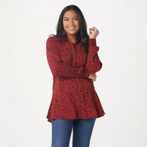 Susan Graver Women's Printed Stretch Peachskin Button Up Peplum Top
