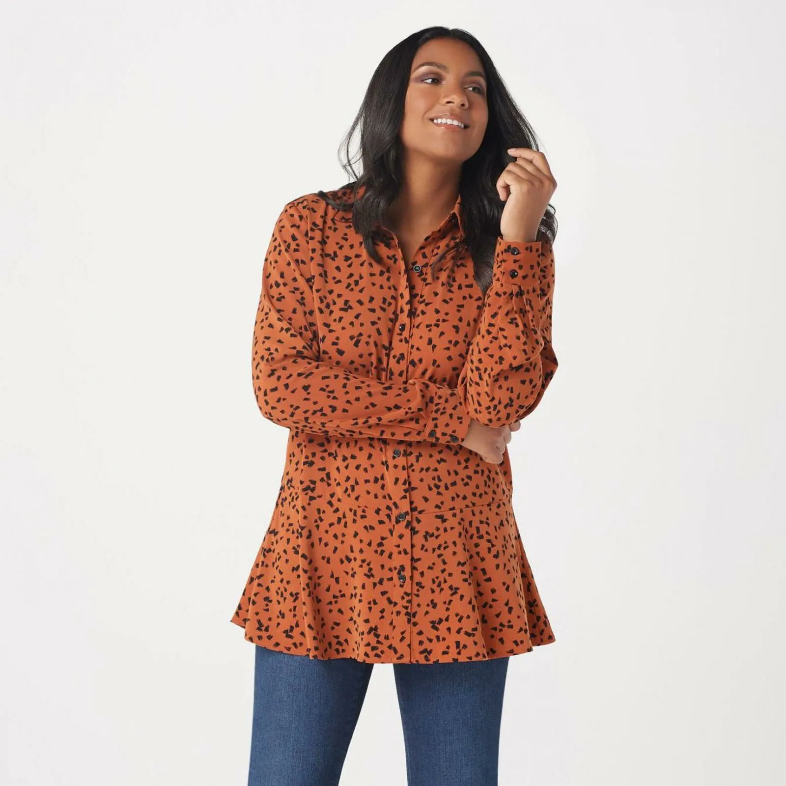 Susan Graver Women's Printed Stretch Peachskin Button Up Peplum Top