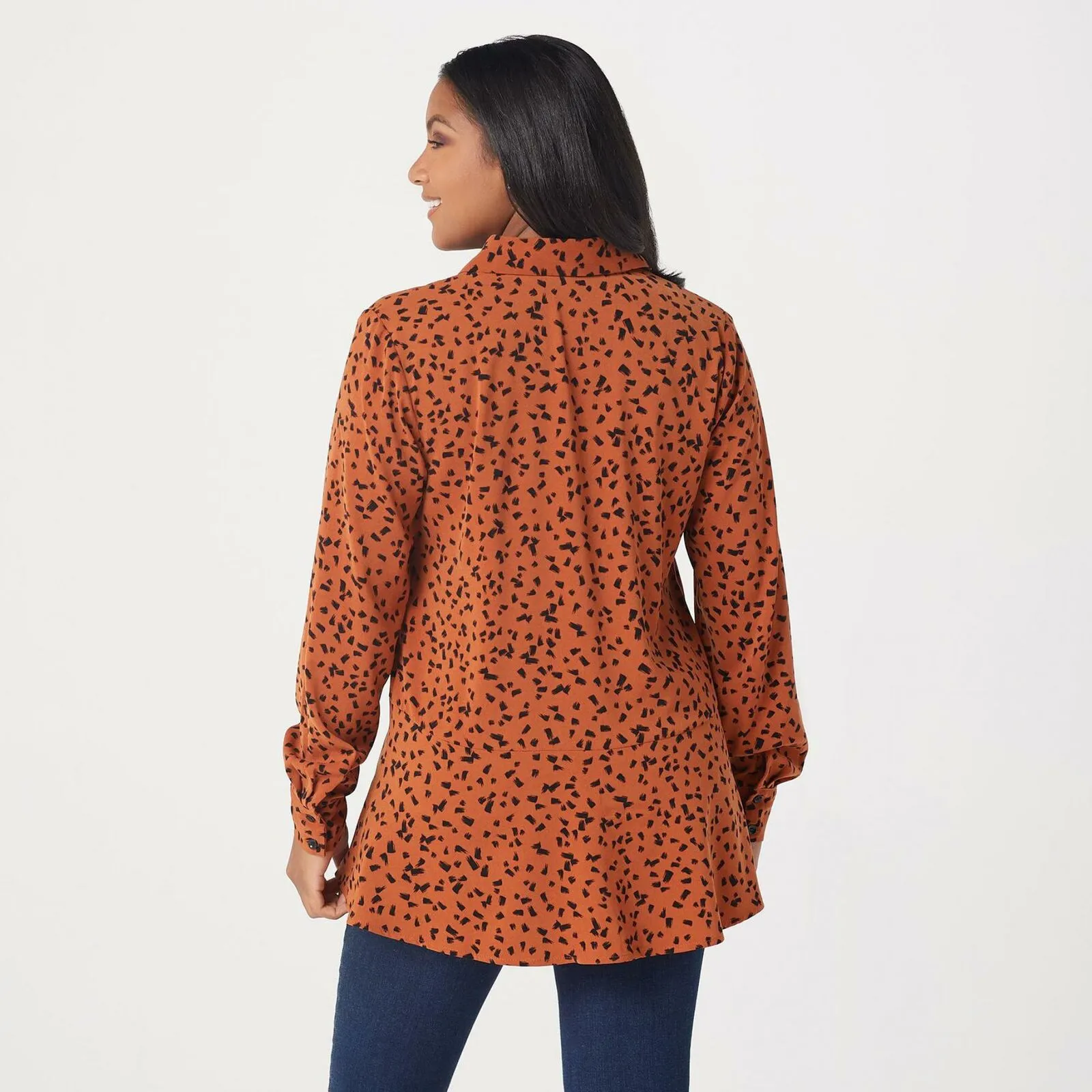 Susan Graver Women's Printed Stretch Peachskin Button Up Peplum Top