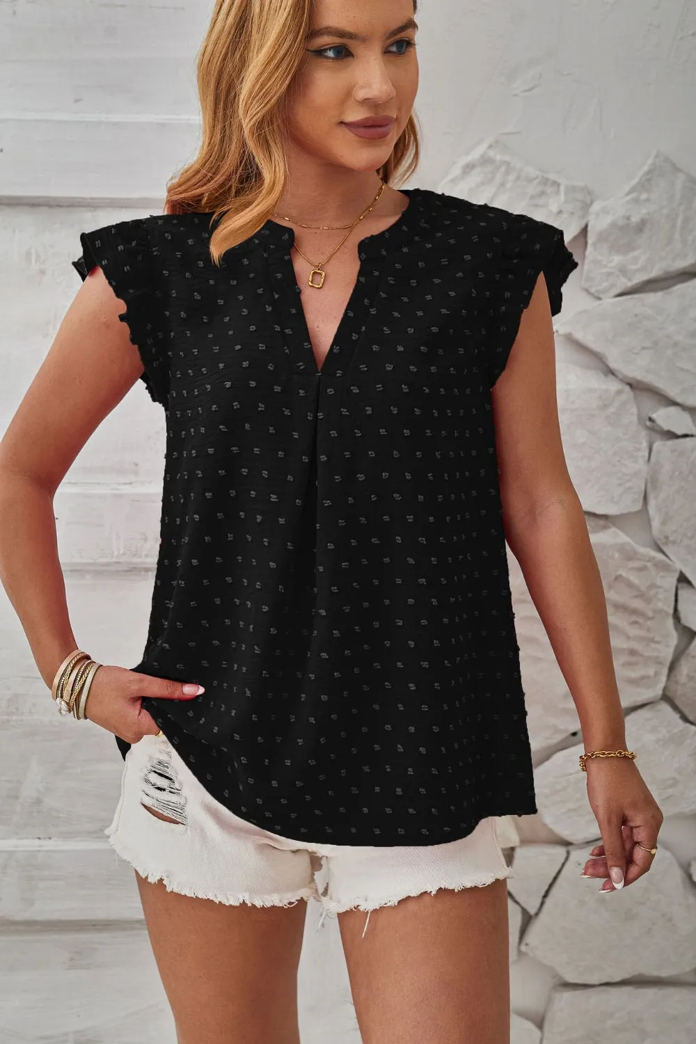Swiss Dot Ruffled Cap Sleeve Top (4 Colors)