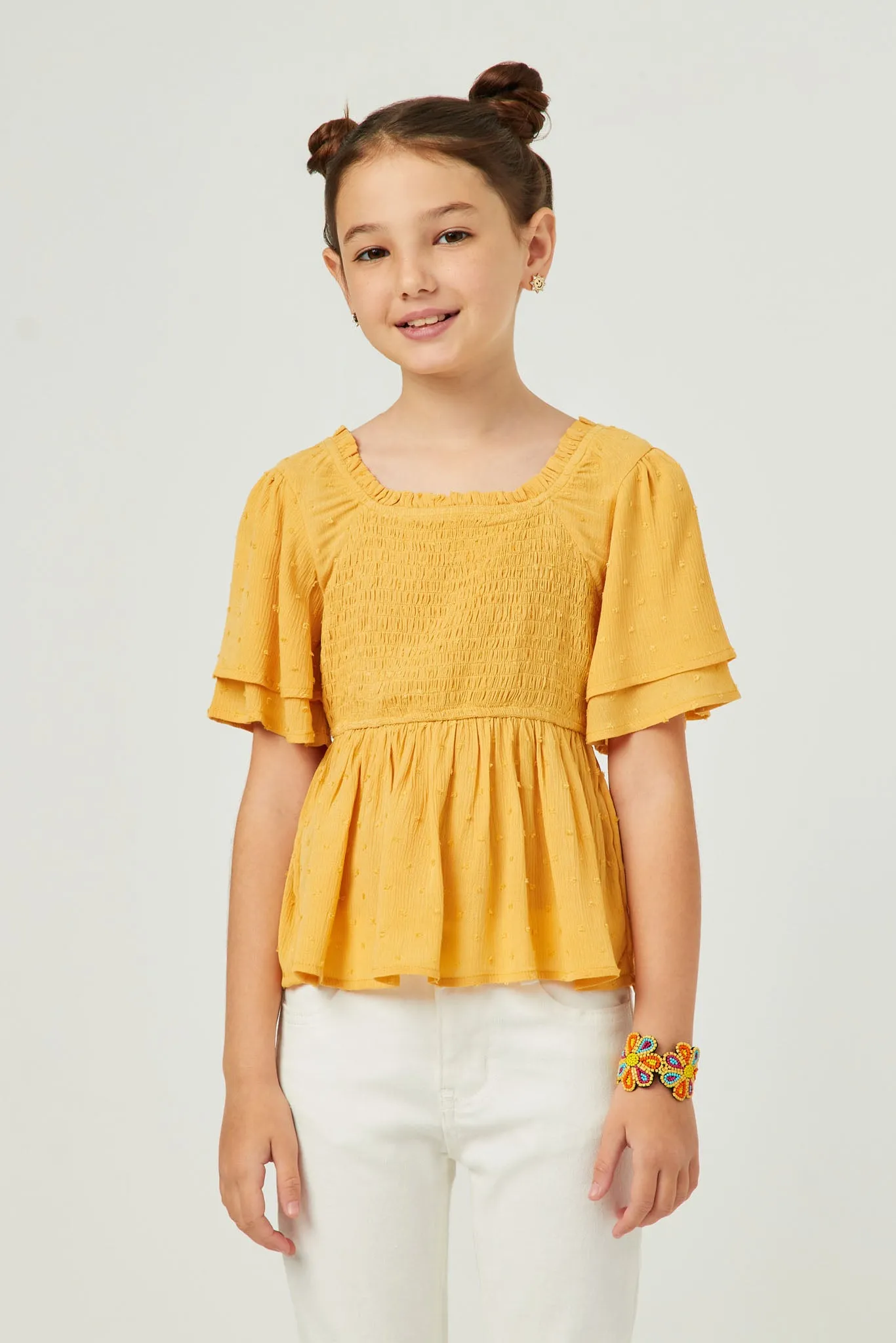 Swiss Dot Ruffled Flutter Sleeve Peplum