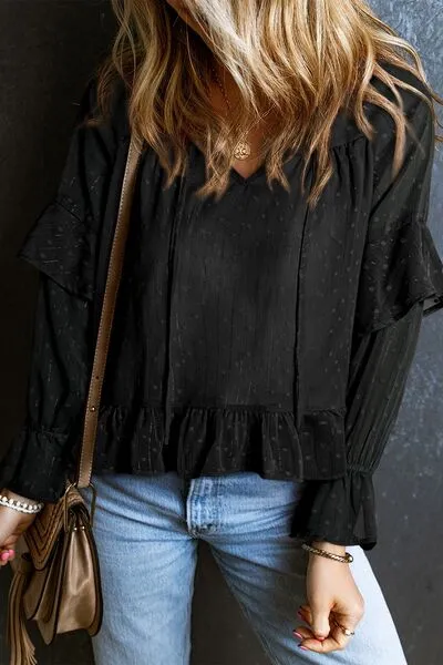 Swiss Dot Tie Neck Flounce Sleeve Blouse (5 Colors)