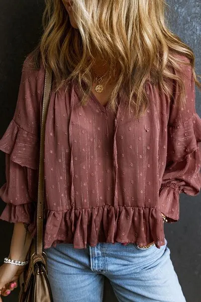 Swiss Dot Tie Neck Flounce Sleeve Blouse (5 Colors)