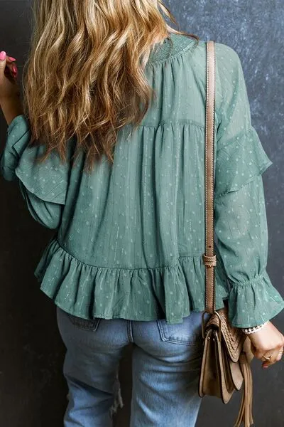 Swiss Dot Tie Neck Flounce Sleeve Blouse (5 Colors)
