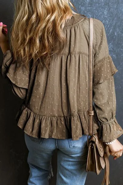 Swiss Dot Tie Neck Flounce Sleeve Blouse (5 Colors)