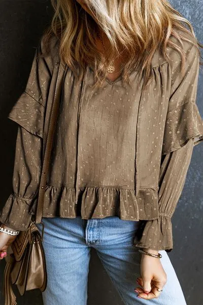 Swiss Dot Tie Neck Flounce Sleeve Blouse (5 Colors)