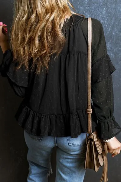 Swiss Dot Tie Neck Flounce Sleeve Blouse (5 Colors)