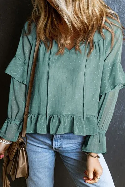 Swiss Dot Tie Neck Flounce Sleeve Blouse (5 Colors)