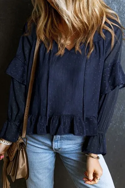 Swiss Dot Tie Neck Flounce Sleeve Blouse (5 Colors)