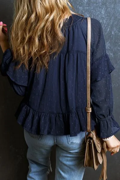 Swiss Dot Tie Neck Flounce Sleeve Blouse (5 Colors)