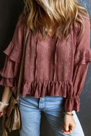 Swiss Dot Tie Neck Flounce Sleeve Blouse (5 Colors)